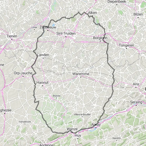 Miniature de la carte de l'inspiration cycliste "Les Charmes de la Meuse" dans la Prov. Liège, Belgium. Générée par le planificateur d'itinéraire cycliste Tarmacs.app