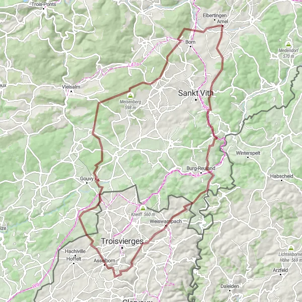 Miniatuurkaart van de fietsinspiratie "Gravelfietstocht rond Amblève" in Prov. Liège, Belgium. Gemaakt door de Tarmacs.app fietsrouteplanner