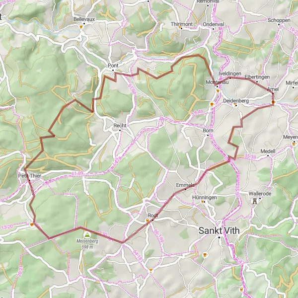 Karten-Miniaturansicht der Radinspiration "Gravel-Abenteuer durch die Natur rund um Amblève" in Prov. Liège, Belgium. Erstellt vom Tarmacs.app-Routenplaner für Radtouren