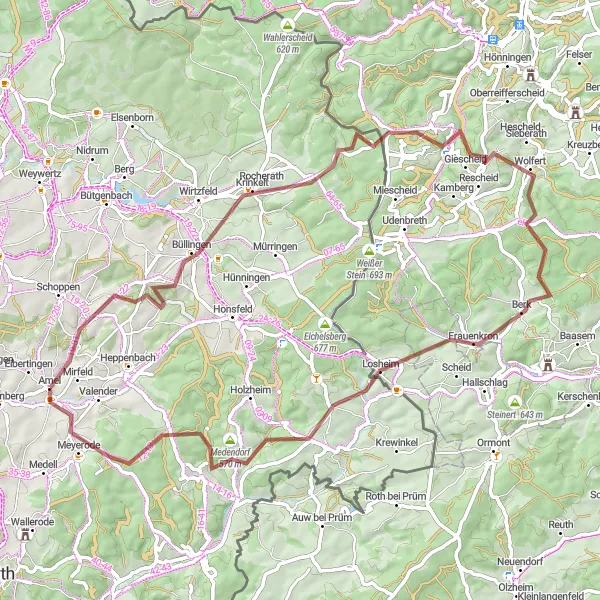 Miniatuurkaart van de fietsinspiratie "Verborgen Schatten van Büllingen" in Prov. Liège, Belgium. Gemaakt door de Tarmacs.app fietsrouteplanner