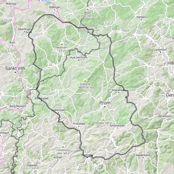 Map miniature of "Amblève to Winterspelt" cycling inspiration in Prov. Liège, Belgium. Generated by Tarmacs.app cycling route planner