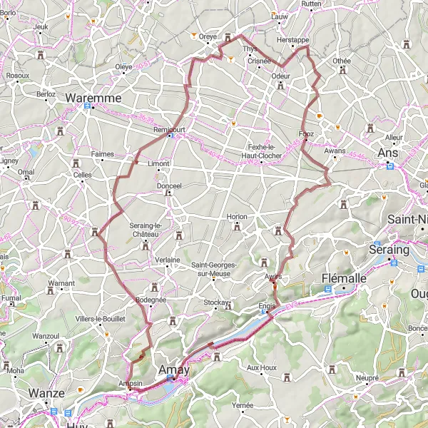 Miniature de la carte de l'inspiration cycliste "Boucle gravel unique autour d'Ampsin" dans la Prov. Liège, Belgium. Générée par le planificateur d'itinéraire cycliste Tarmacs.app