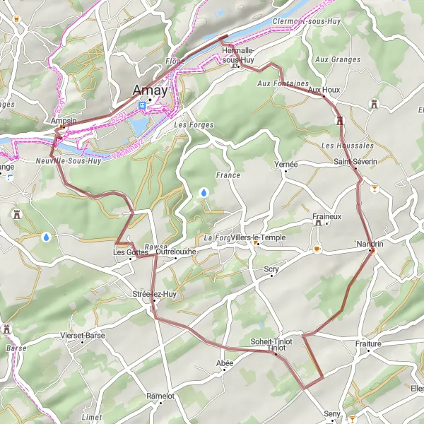 Map miniature of "Aux Houx to Neuville-Sous-Huy Gravel Route" cycling inspiration in Prov. Liège, Belgium. Generated by Tarmacs.app cycling route planner