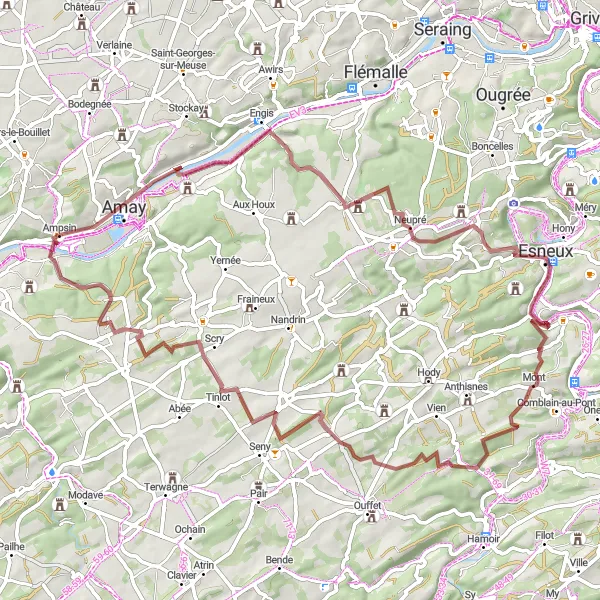 Karten-Miniaturansicht der Radinspiration "Abenteuerliche Schottertour rund um Ampsin" in Prov. Liège, Belgium. Erstellt vom Tarmacs.app-Routenplaner für Radtouren