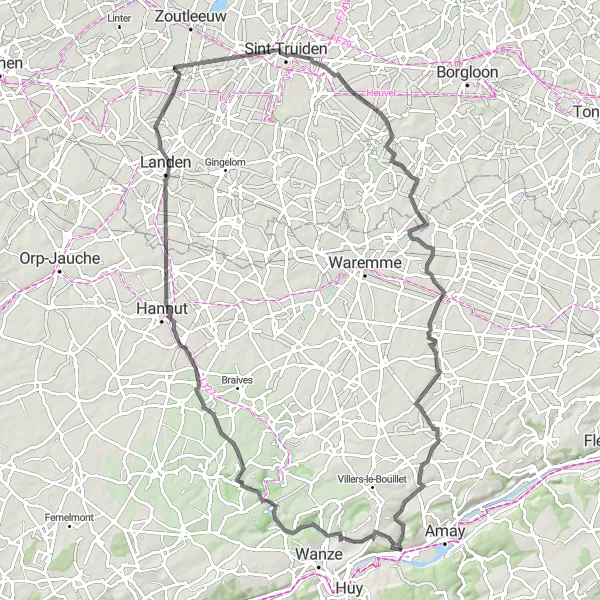 Karten-Miniaturansicht der Radinspiration "Straßentour in der Hesbaye" in Prov. Liège, Belgium. Erstellt vom Tarmacs.app-Routenplaner für Radtouren