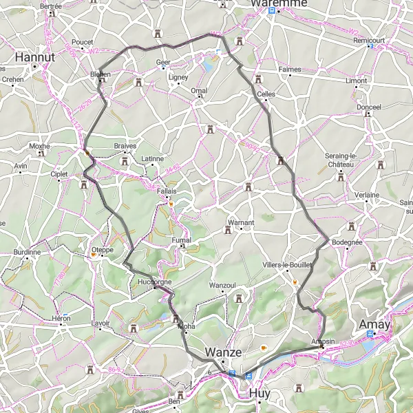 Miniature de la carte de l'inspiration cycliste "Boucle à vélo autour d'Ampsin" dans la Prov. Liège, Belgium. Générée par le planificateur d'itinéraire cycliste Tarmacs.app
