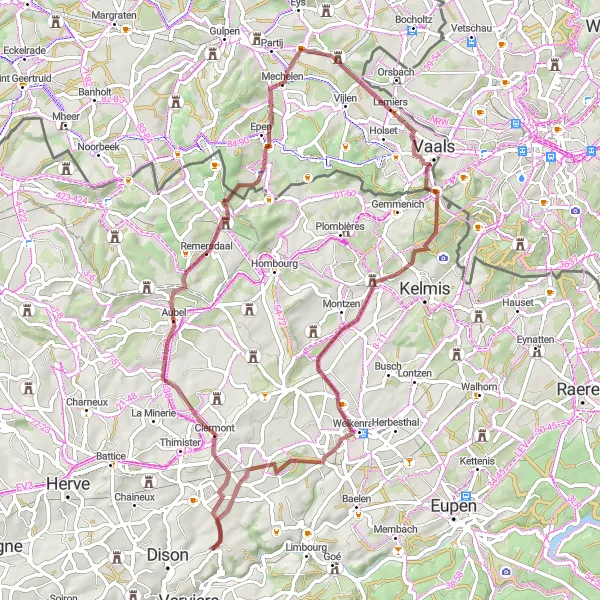 Map miniature of "Aubel Gravel Escape" cycling inspiration in Prov. Liège, Belgium. Generated by Tarmacs.app cycling route planner