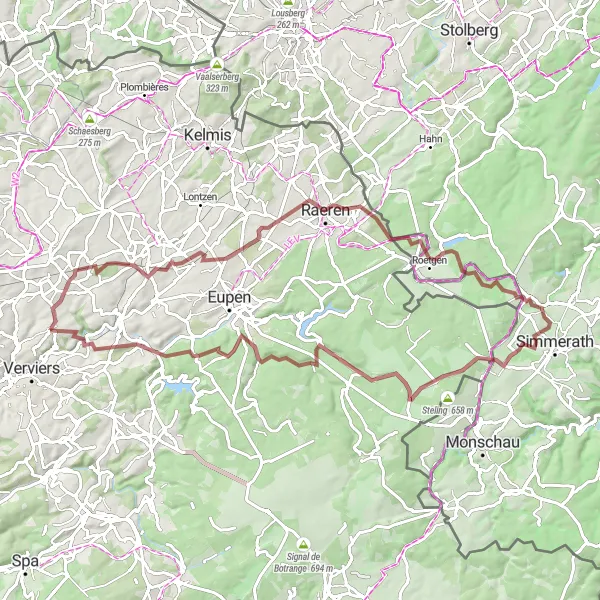 Miniature de la carte de l'inspiration cycliste "Sentiers Forestiers et Châteaux" dans la Prov. Liège, Belgium. Générée par le planificateur d'itinéraire cycliste Tarmacs.app