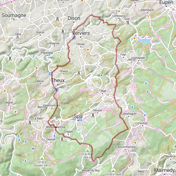 Miniature de la carte de l'inspiration cycliste "Parcours gravel: Hèvremont - Col du Rosier - Winamplanche" dans la Prov. Liège, Belgium. Générée par le planificateur d'itinéraire cycliste Tarmacs.app