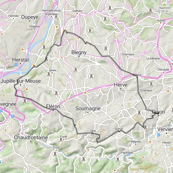 Map miniature of "Exploring Historic Castles" cycling inspiration in Prov. Liège, Belgium. Generated by Tarmacs.app cycling route planner