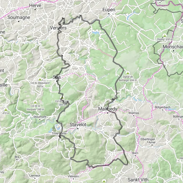 Map miniature of "The Ardennes Challenge" cycling inspiration in Prov. Liège, Belgium. Generated by Tarmacs.app cycling route planner