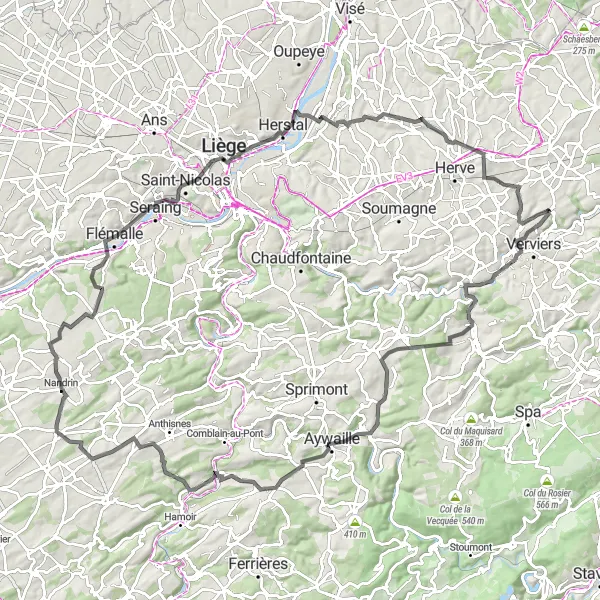 Map miniature of "The Rollercoaster Route" cycling inspiration in Prov. Liège, Belgium. Generated by Tarmacs.app cycling route planner