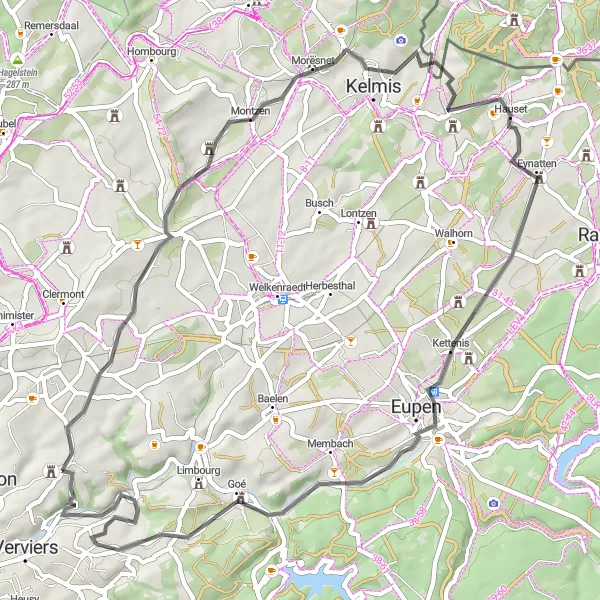 Map miniature of "Scenic Road Loop from Andrimont" cycling inspiration in Prov. Liège, Belgium. Generated by Tarmacs.app cycling route planner