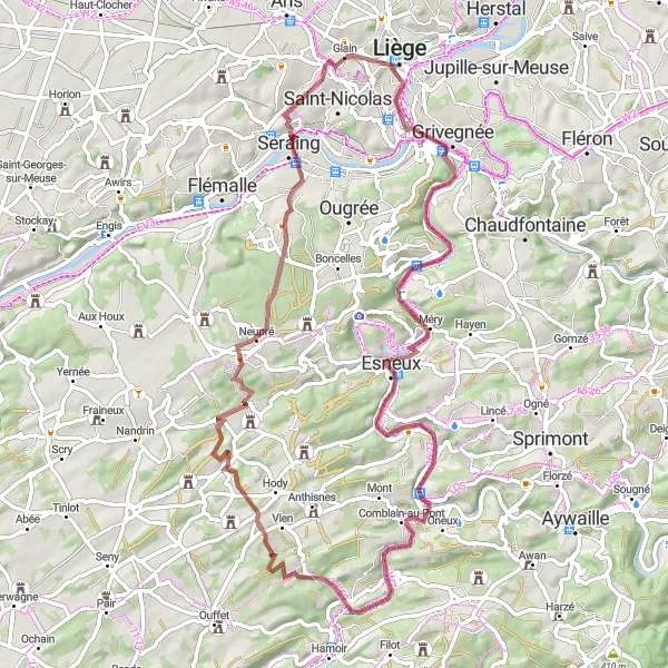 Map miniature of "Tilff and Château Cockerill Gravel Adventure" cycling inspiration in Prov. Liège, Belgium. Generated by Tarmacs.app cycling route planner