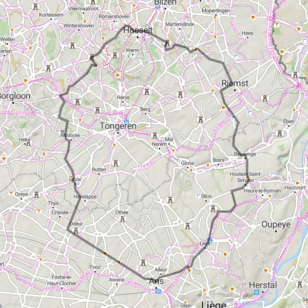 Miniature de la carte de l'inspiration cycliste "Tour de vélo de route de 65 km autour d'Ans" dans la Prov. Liège, Belgium. Générée par le planificateur d'itinéraire cycliste Tarmacs.app