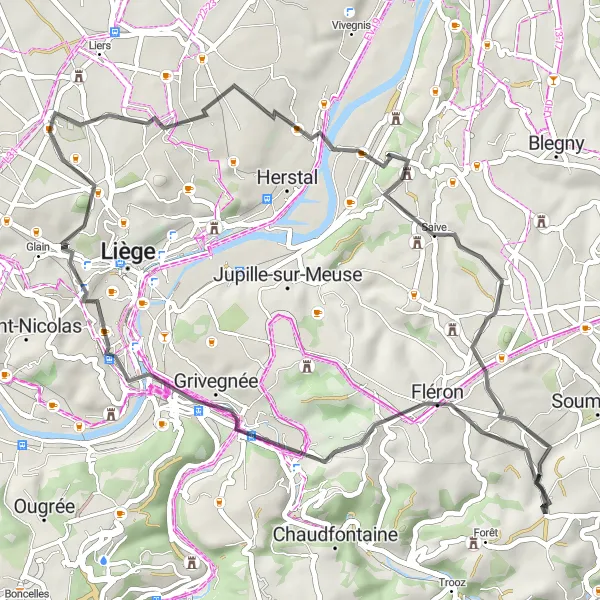 Miniatuurkaart van de fietsinspiratie "Vottem en Ayeneux Route" in Prov. Liège, Belgium. Gemaakt door de Tarmacs.app fietsrouteplanner