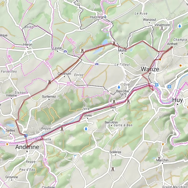 Miniature de la carte de l'inspiration cycliste "Andenne and Fosseroule Gravel Adventure" dans la Prov. Liège, Belgium. Générée par le planificateur d'itinéraire cycliste Tarmacs.app