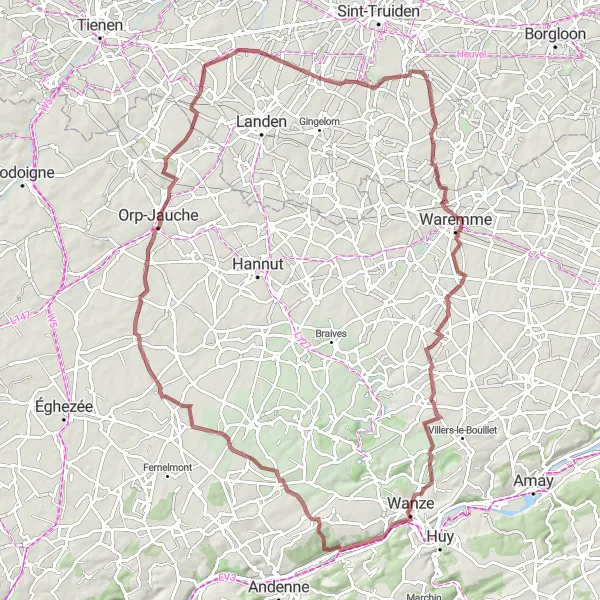 Map miniature of "Thrilling Gravel Adventure near Antheit" cycling inspiration in Prov. Liège, Belgium. Generated by Tarmacs.app cycling route planner