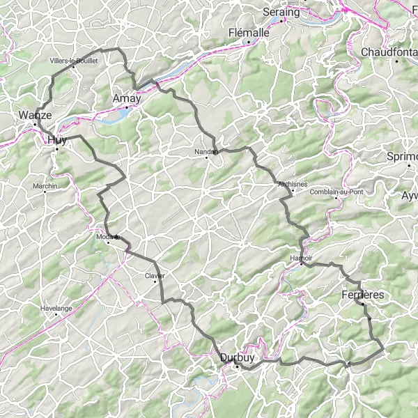 Miniature de la carte de l'inspiration cycliste "Exploration des Vallées et Châteaux" dans la Prov. Liège, Belgium. Générée par le planificateur d'itinéraire cycliste Tarmacs.app