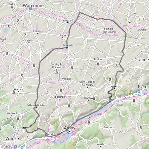Miniature de la carte de l'inspiration cycliste "Villers-le-Bouillet and Engis Road Loop" dans la Prov. Liège, Belgium. Générée par le planificateur d'itinéraire cycliste Tarmacs.app