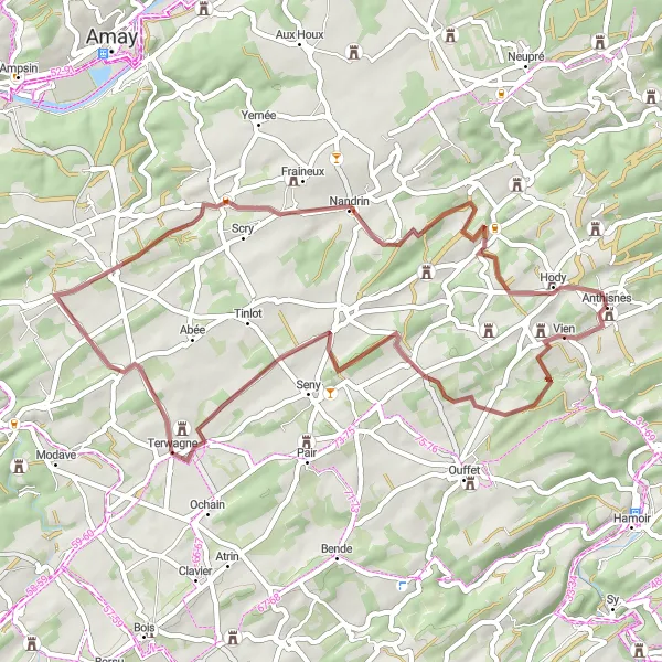 Miniature de la carte de l'inspiration cycliste "Circuit Gravel de l'Avouerie" dans la Prov. Liège, Belgium. Générée par le planificateur d'itinéraire cycliste Tarmacs.app