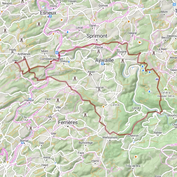 Map miniature of "The Waterfall Ride" cycling inspiration in Prov. Liège, Belgium. Generated by Tarmacs.app cycling route planner