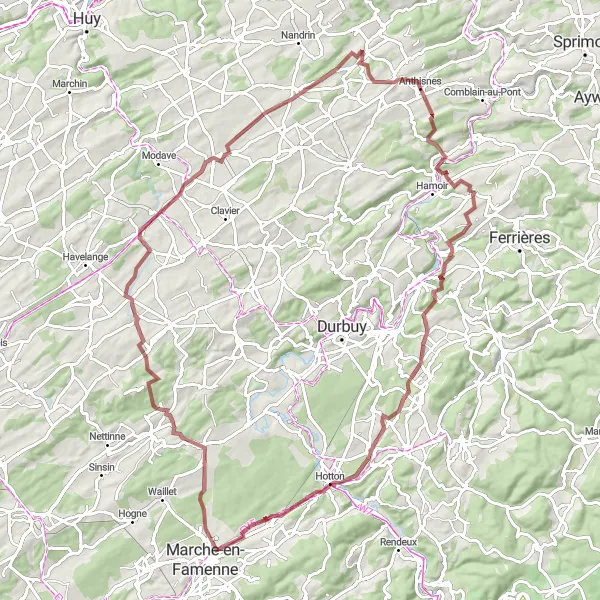 Map miniature of "Gravel Route 2" cycling inspiration in Prov. Liège, Belgium. Generated by Tarmacs.app cycling route planner