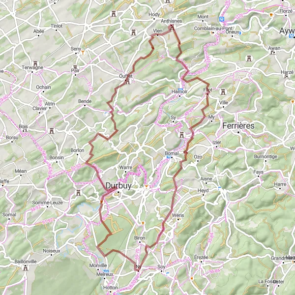 Map miniature of "The Countryside Escape" cycling inspiration in Prov. Liège, Belgium. Generated by Tarmacs.app cycling route planner