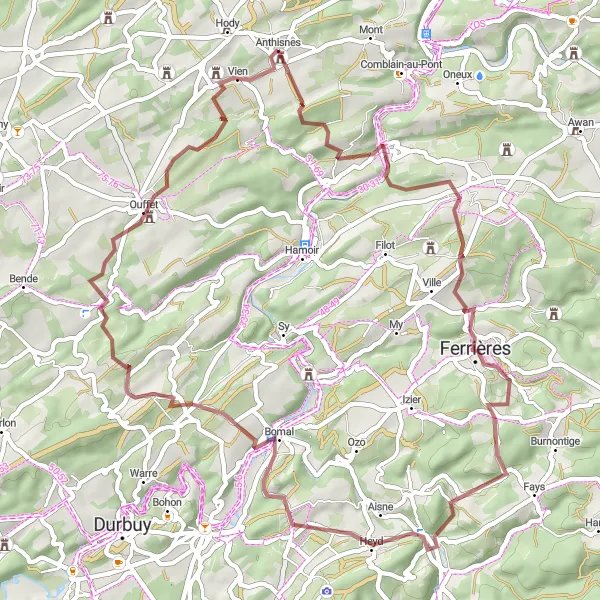 Miniature de la carte de l'inspiration cycliste "Les charmes de l'Ardenne" dans la Prov. Liège, Belgium. Générée par le planificateur d'itinéraire cycliste Tarmacs.app