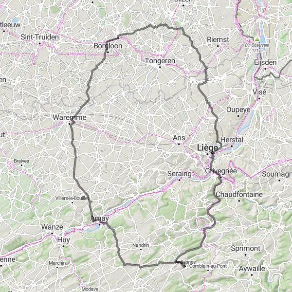 Miniatuurkaart van de fietsinspiratie "Kastelen en uitkijkpunten rond Anthisnes" in Prov. Liège, Belgium. Gemaakt door de Tarmacs.app fietsrouteplanner