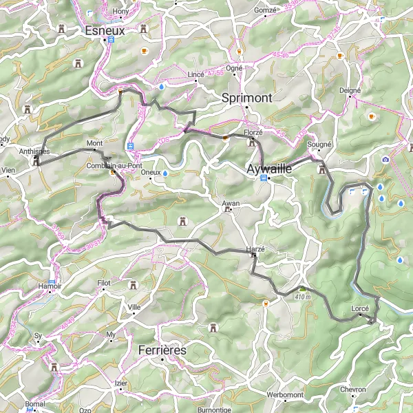 Miniature de la carte de l'inspiration cycliste "Tour Road d'Anthisnes" dans la Prov. Liège, Belgium. Générée par le planificateur d'itinéraire cycliste Tarmacs.app