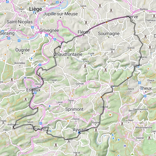 Karten-Miniaturansicht der Radinspiration "Hügeliges Roadbiking um Anthisnes" in Prov. Liège, Belgium. Erstellt vom Tarmacs.app-Routenplaner für Radtouren