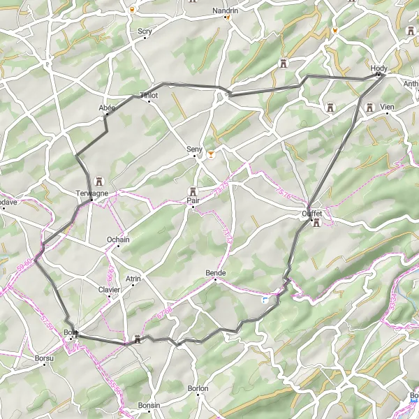 Map miniature of "Road Route 1" cycling inspiration in Prov. Liège, Belgium. Generated by Tarmacs.app cycling route planner