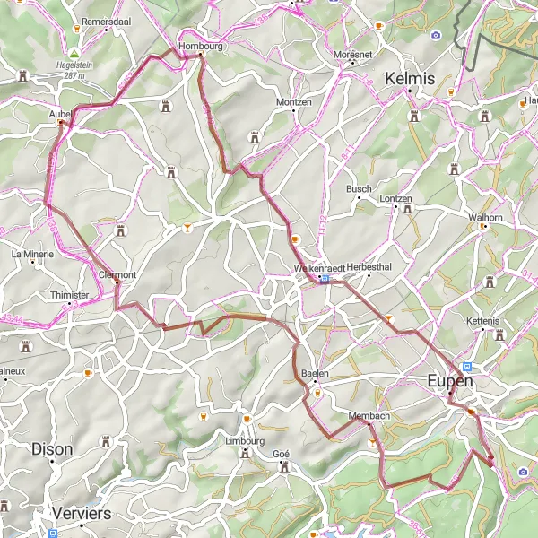 Karten-Miniaturansicht der Radinspiration "Graveltour von Hombourg nach Aubel" in Prov. Liège, Belgium. Erstellt vom Tarmacs.app-Routenplaner für Radtouren