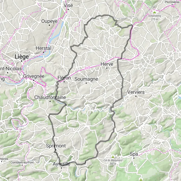Miniature de la carte de l'inspiration cycliste "Aubel - Romsée - Blegny" dans la Prov. Liège, Belgium. Générée par le planificateur d'itinéraire cycliste Tarmacs.app