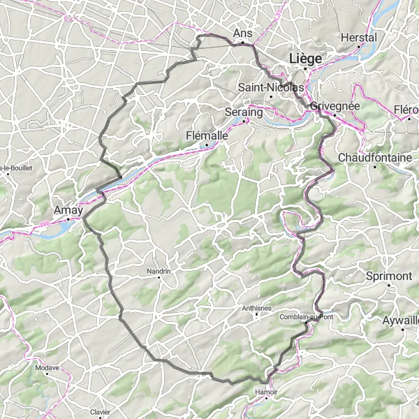 Karten-Miniaturansicht der Radinspiration "Rundfahrt von Awans mit 90 km auf der Straße" in Prov. Liège, Belgium. Erstellt vom Tarmacs.app-Routenplaner für Radtouren