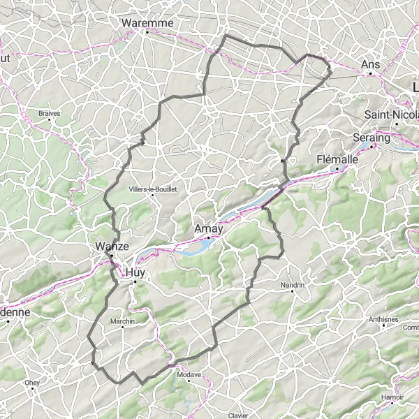 Map miniature of "Road to Awirs and Warnant" cycling inspiration in Prov. Liège, Belgium. Generated by Tarmacs.app cycling route planner