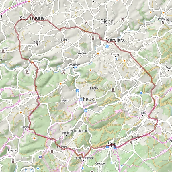 Miniature de la carte de l'inspiration cycliste "Boucle Gravel Ayeneux 60km" dans la Prov. Liège, Belgium. Générée par le planificateur d'itinéraire cycliste Tarmacs.app