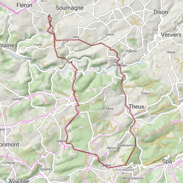 Map miniature of "Gravel through Ayeneux and Beyond" cycling inspiration in Prov. Liège, Belgium. Generated by Tarmacs.app cycling route planner