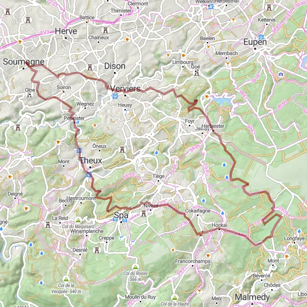 Miniature de la carte de l'inspiration cycliste "Circuit Gravel Ayeneux 82km" dans la Prov. Liège, Belgium. Générée par le planificateur d'itinéraire cycliste Tarmacs.app