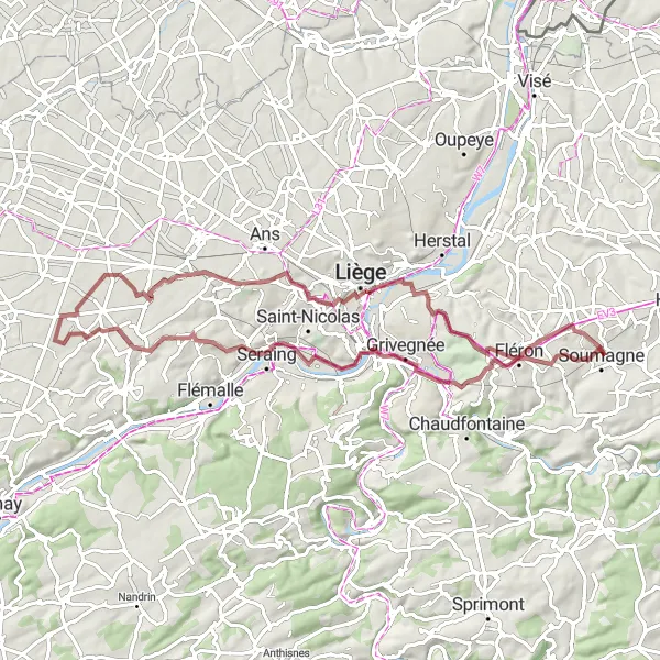 Map miniature of "Gravel Route around Ayeneux" cycling inspiration in Prov. Liège, Belgium. Generated by Tarmacs.app cycling route planner