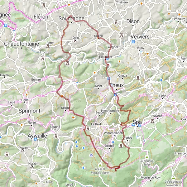 Miniatuurkaart van de fietsinspiratie "Gravelroute van Ayeneux naar Pepinster" in Prov. Liège, Belgium. Gemaakt door de Tarmacs.app fietsrouteplanner