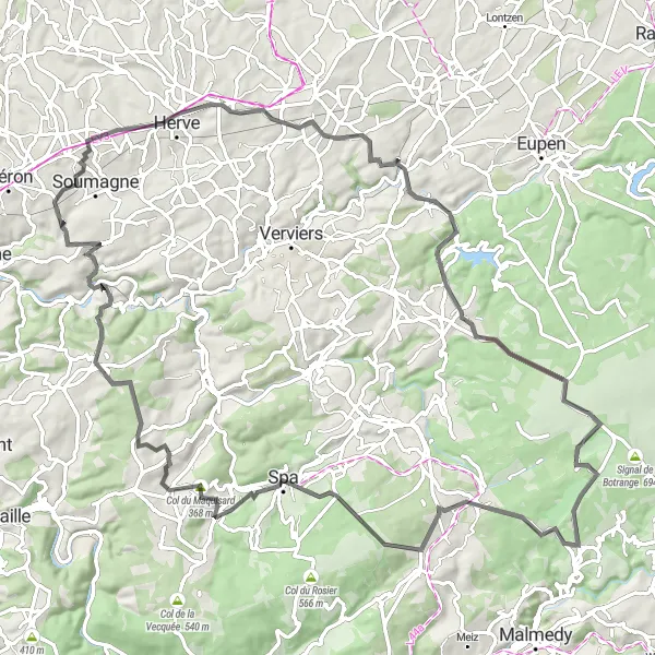Miniatuurkaart van de fietsinspiratie "Ardennenklim - Ayeneux naar Baraque Michel" in Prov. Liège, Belgium. Gemaakt door de Tarmacs.app fietsrouteplanner