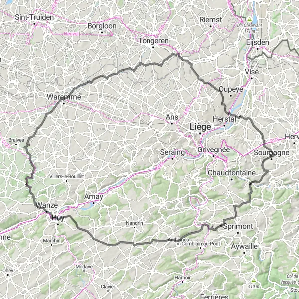 Map miniature of "Discover Ayeneux and Surrounding Roads" cycling inspiration in Prov. Liège, Belgium. Generated by Tarmacs.app cycling route planner
