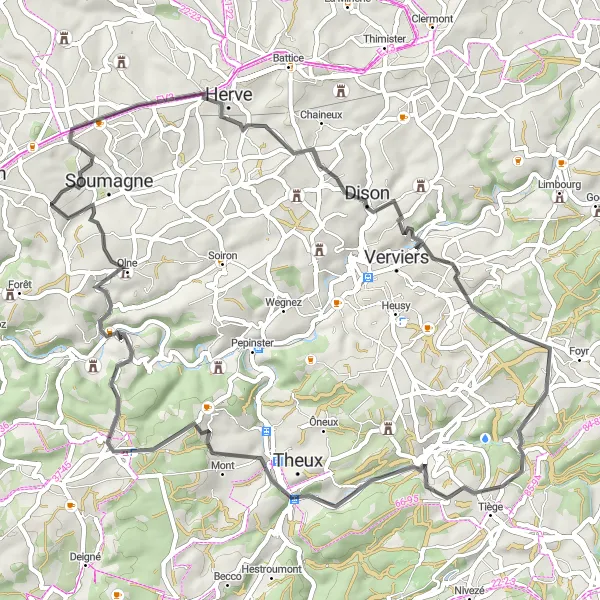 Miniature de la carte de l'inspiration cycliste "Parcours Route Ayeneux – Château de Wégimont" dans la Prov. Liège, Belgium. Générée par le planificateur d'itinéraire cycliste Tarmacs.app