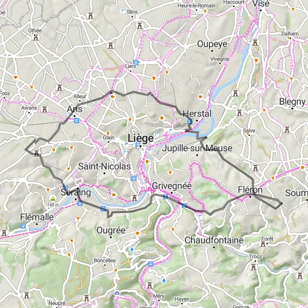 Map miniature of "Ayeneux - Angleur Scenic Road Loop" cycling inspiration in Prov. Liège, Belgium. Generated by Tarmacs.app cycling route planner