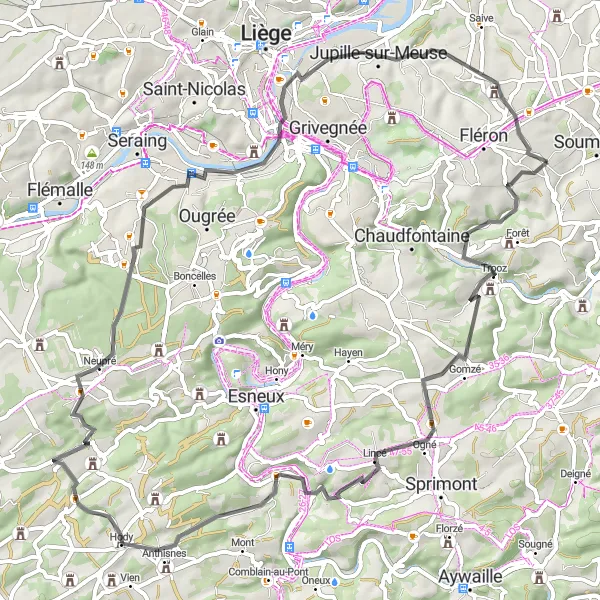 Miniature de la carte de l'inspiration cycliste "Les panoramas splendides de Prov. Liège (Route)" dans la Prov. Liège, Belgium. Générée par le planificateur d'itinéraire cycliste Tarmacs.app