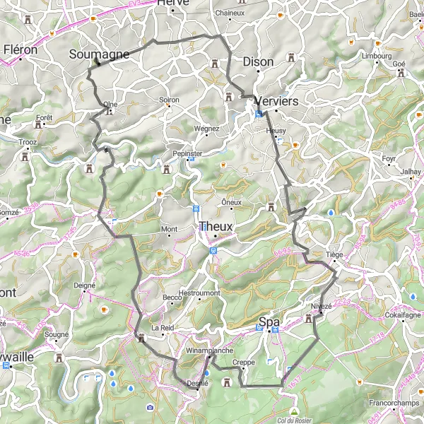 Karten-Miniaturansicht der Radinspiration "Herausfordernde Straßenrunde von Ayeneux" in Prov. Liège, Belgium. Erstellt vom Tarmacs.app-Routenplaner für Radtouren