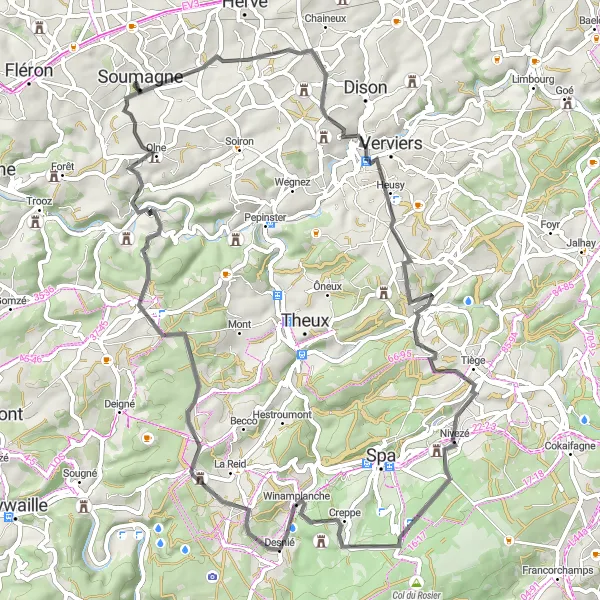 Map miniature of "Challenging Road Cycling Route near Ayeneux" cycling inspiration in Prov. Liège, Belgium. Generated by Tarmacs.app cycling route planner