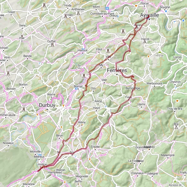 Miniature de la carte de l'inspiration cycliste "Parcours pittoresque de Ferrières et Aywaille" dans la Prov. Liège, Belgium. Générée par le planificateur d'itinéraire cycliste Tarmacs.app